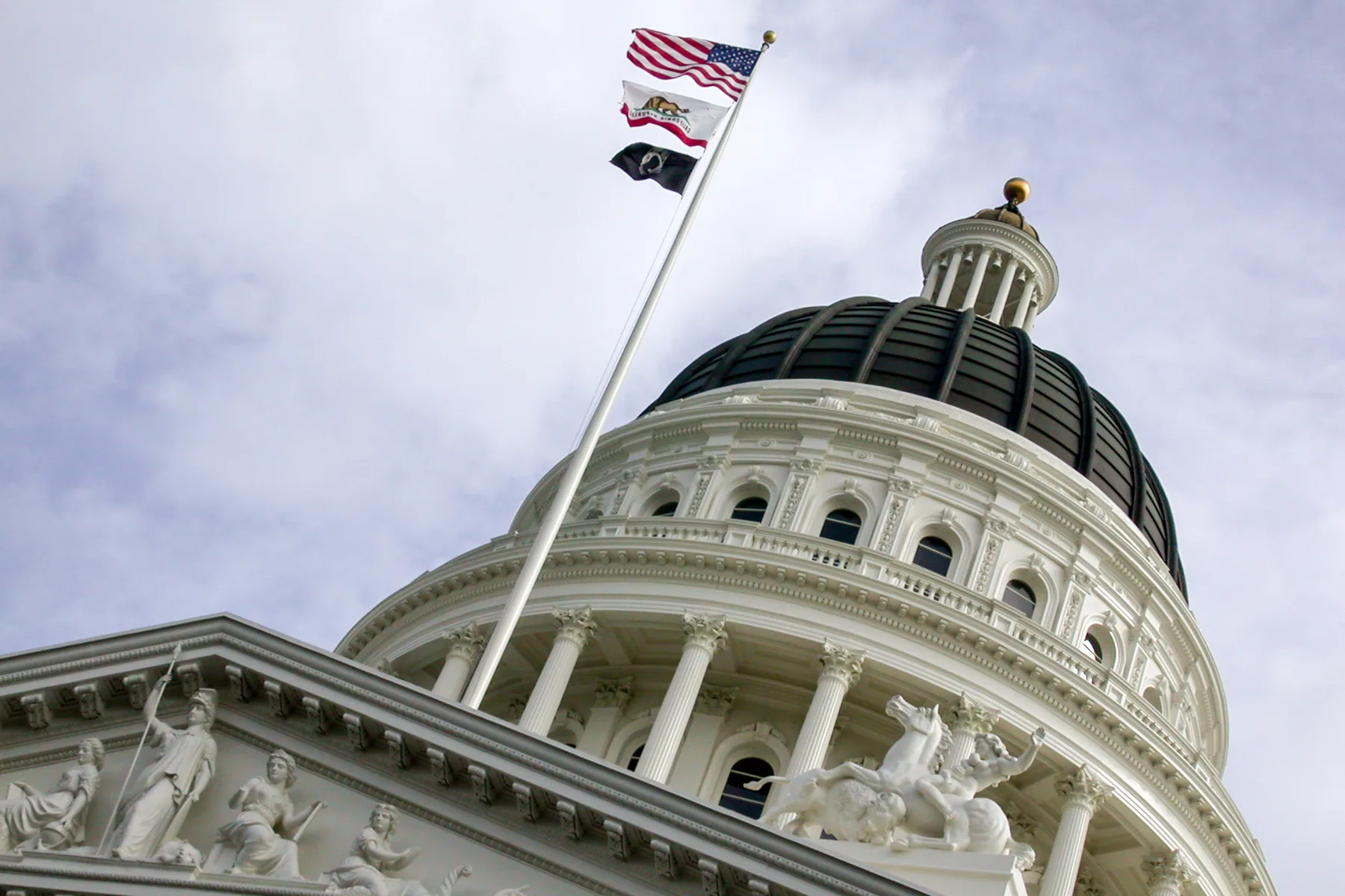 Flags flying above the California State Capitol dome